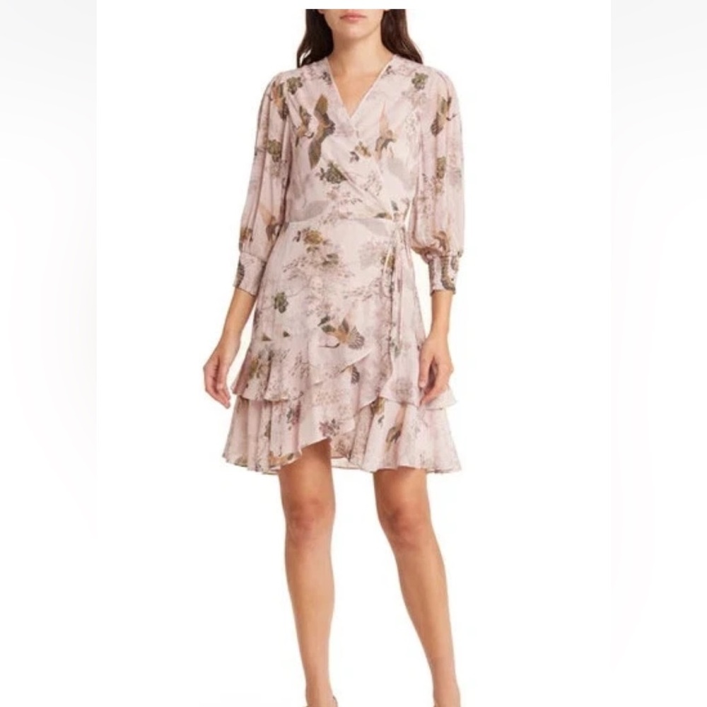 All Saints Ari Peggy Floral bird print Pink Ruffle Wrap Dress 4